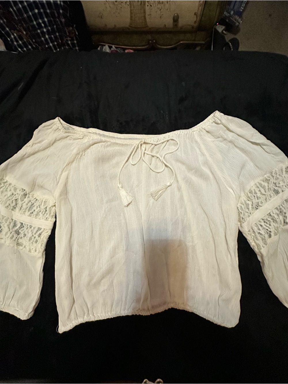 RAGA Off-Shoulder White Peasant Blouse with Lace Sleeves